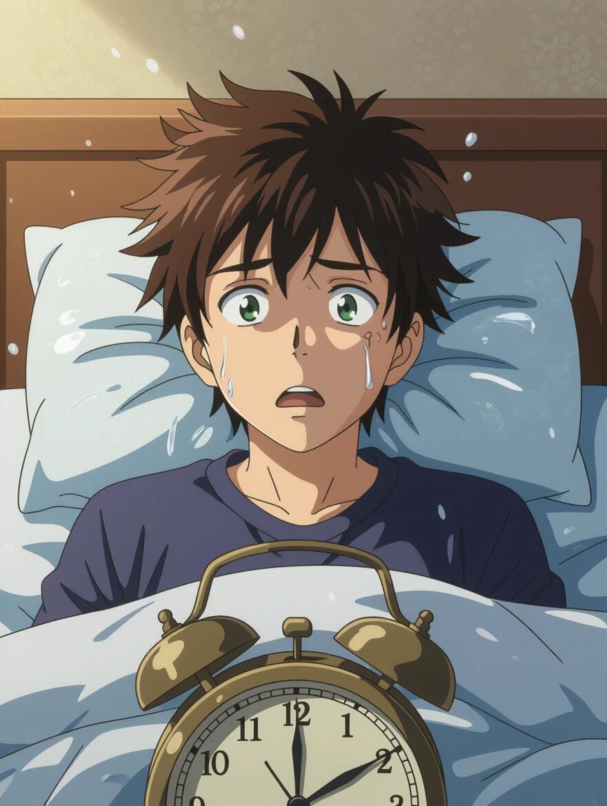 Protagonist wakes up in bed, startled by a ringing alarm clock. Moisture on his face indicates anxiety or fear. Scene captures exhaustion and surprise of waking up early.