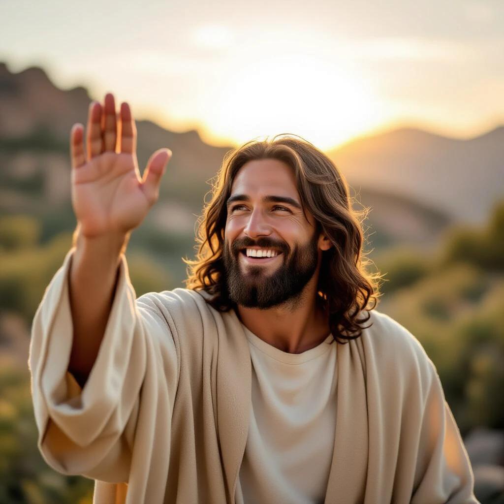 A depiction of Jesus performing a blessing. Jesus is portrayed in a serene landscape during sunset. His outstretched hand conveys a sense of peace and goodwill. Natural lighting enhances the spiritual atmosphere.