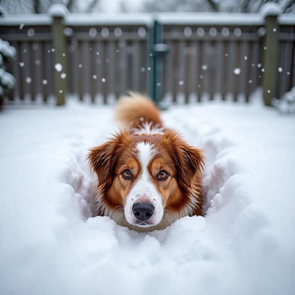 Dog's head peeking out from snow in front of a wooden fence. Snow covers the ground and falls gently. Dog has a friendly expression and fluffy fur. The fence is blurred in the background.