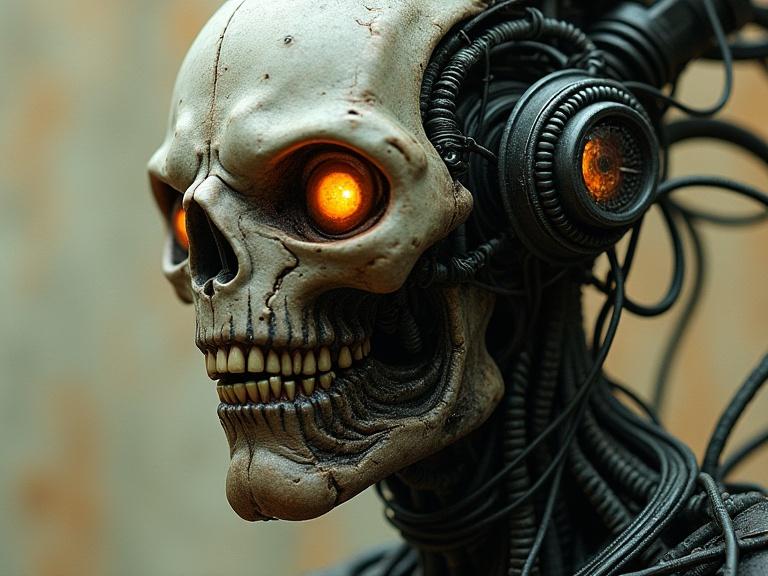 Bizarre hybrid of man and machine. A skull with glowing eyes integrated with mechanical elements. Style reflects H.R. Giger's surreal and biomechanical art.