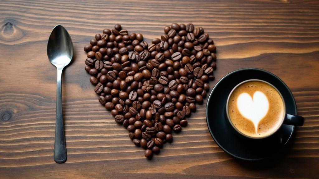 A spoon lies on the left side beside a heart shape created from coffee beans. A cup of black coffee is placed on the right side. There is a heart-shaped coffee foam in the cup. The scene is set on a rustic wood table background. The arrangement creates a visually appealing display that emphasizes love for coffee.