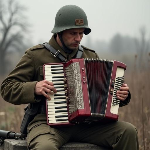 Image of a soldier from World War II in Soviet army attire playing an accordion in a rural landscape. The scene has a melancholy atmosphere with overcast skies.