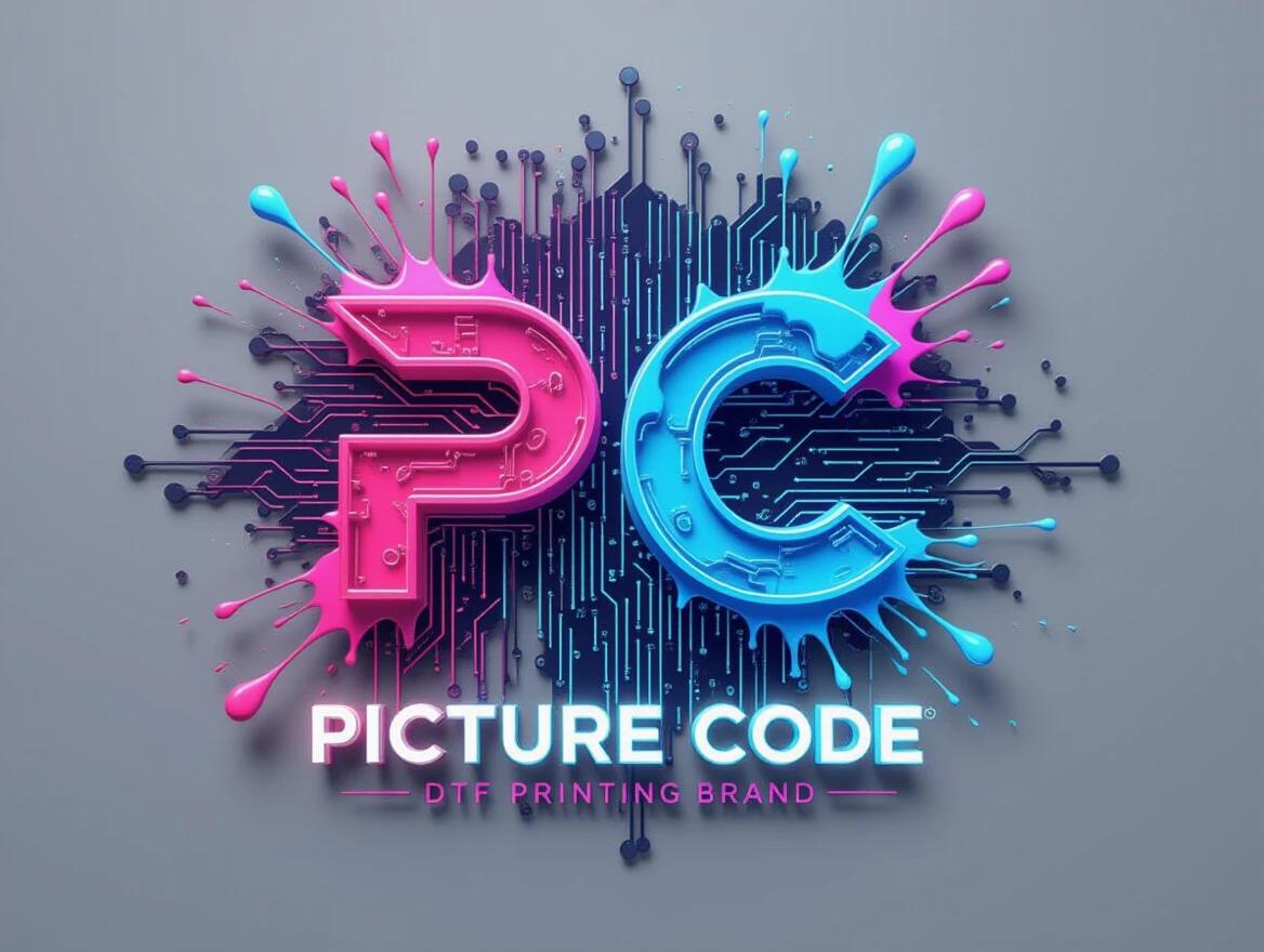 Abstract logo for Picture Code. Design combines binary code pattern with DTF ink splash. Letters PC resemble circuit board and paintbrush stroke. Dark background with neon accents. Cyberpunk aesthetic. Ultra-detailed 3D render.