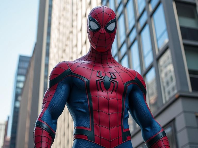 Spider-Man stands in front of a tall modern building in New York City. The scene captures a low-angle perspective. Sunlight shines brightly in the background.
