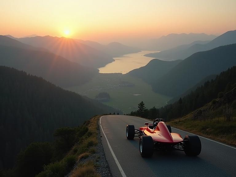 A drone shot captures Lovćen Mountain at dawn with Franjo Kunčer driving a red Formula Dalara. View of the winding road leading into the mountains as the sun rises.