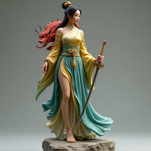 Resin figure representing a beautiful Asian woman inspired by Mulan. She wears a sensual, tight traditional kimono in gold, blue, and green. Long hair tied up with golden ornaments. Elegant pose with a small red dragon on her shoulder and a long sword in her hand. Determined look on a rock base with neutral background. Realistic sculpture with resin finish for collectible.