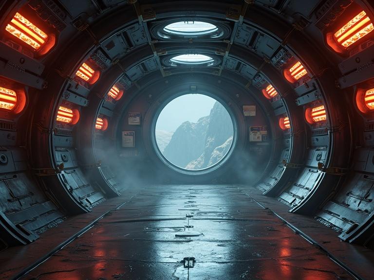 Dark atmospheric sci-fi scene showcasing a ship's round bridge interior. Features metallic and organic elements, flexible wires, monitors, steam, and reddish-orange glowing lights. Atmospheric depth created with shadows and textures.