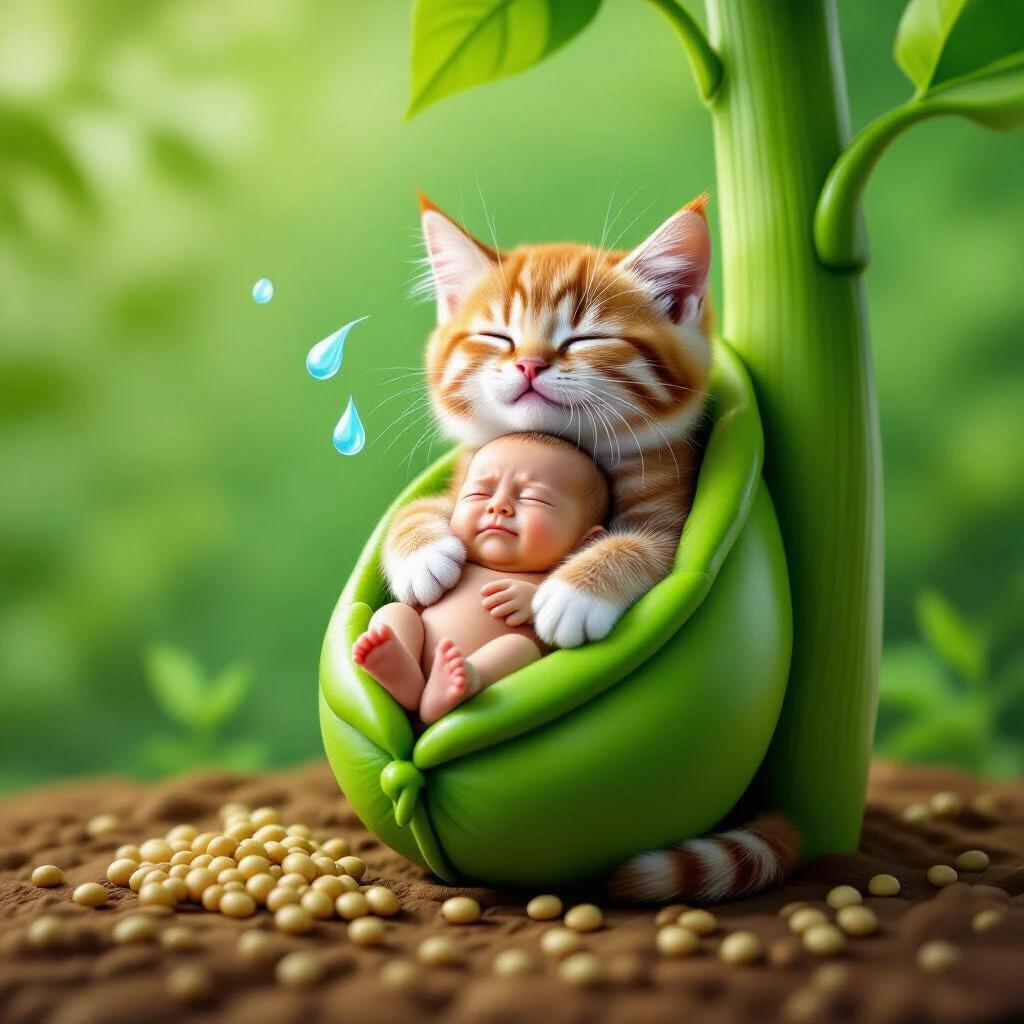 A cat in a beanstalk gently cradles a baby bean who appears to be crying, conveying a sense of care and whimsy. The scene highlights the playful interaction between the cat and the baby bean, set against a nature-inspired backdrop.