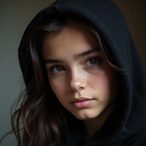 Petite brunette girl in a black hoodie taking a low light close up selfie