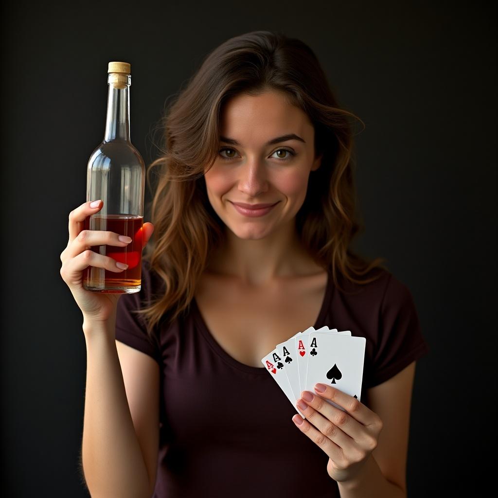 A girl holds a bottle of alcohol in one hand and playing cards in the other. She is dressed casually. The image captures the essence of social gaming and drinking.