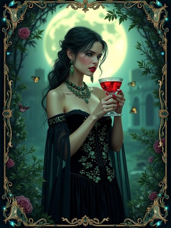 A seductive vampire with glowing emerald lips holds a jeweled crystal goblet of blood. She wears a dramatic black velvet dress with intricate embroidery. The setting is a deserted manor under a full moon, surrounded by overgrown gardens and fluttering moths. The card border features crescent moon and ivy motifs, accented with midnight blue and silver decorations, and adorned with shimmering sapphires.