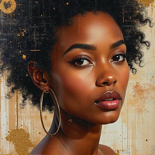 Digital art features textured oil splashes Close-up of mulatto woman made with collaged materials Includes wood sand glittering confetti and origami Displayed with scratches drops and tears for artistic effect