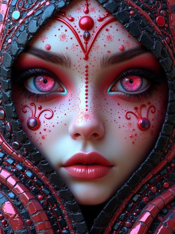 3D artwork showcasing a hyperdetailed supermodel. Features gothic elements with pink and black tones. Incorporates mixed media and abstract effects. Showcases intricate patterns and iridescent colors.