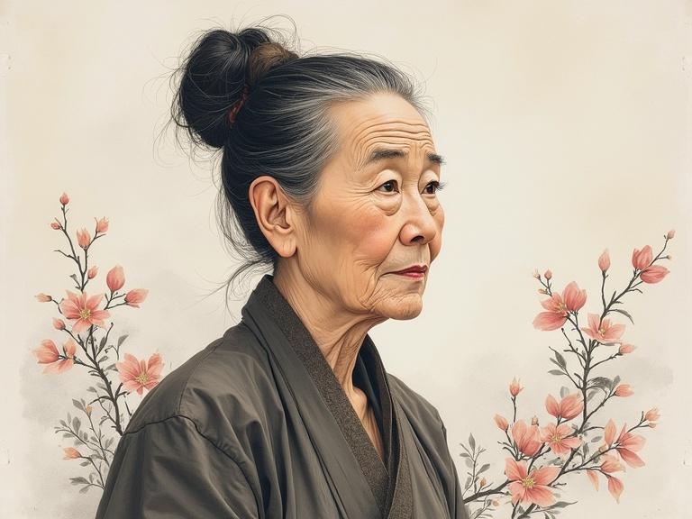 This is a stunning portrait of a wise Korean old woman in a serene Chinese ink painting style. The image captures the essence of East Asian artistry and shows the beauty of aging with dignity and grace.