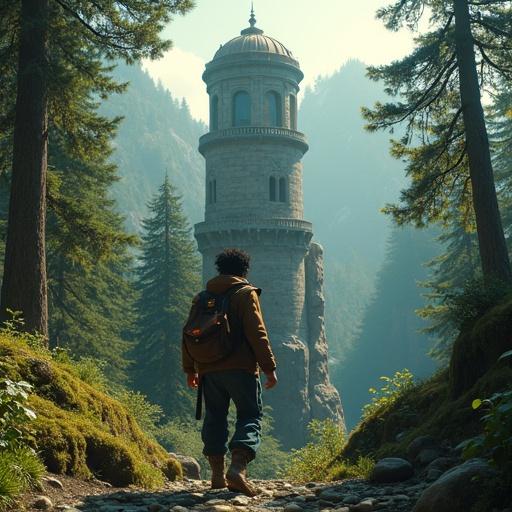 Suspenseful cinematic scene in a Himalayan forest. Aranyak climbs an ivy-covered stone tower. He glances back at pursuing guards. Tower hidden among pines and a brook. Sunlight illuminates his face. Crown in his bag. 16:9 ratio, tension-filled atmosphere.