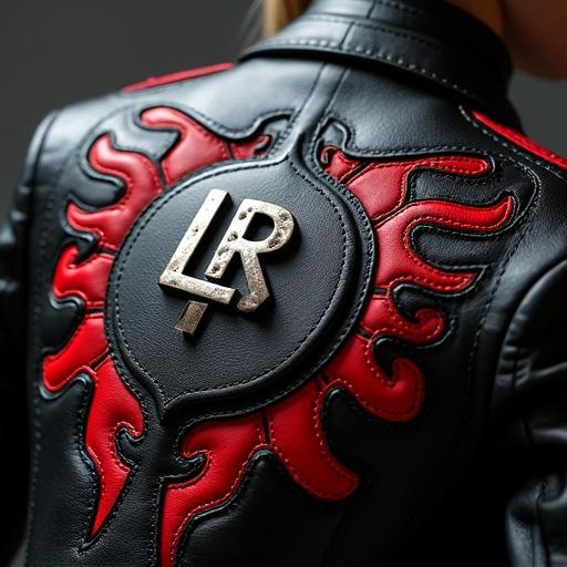 High-fashion album cover features the back of a luxury leather jacket. Matte black leather with intricate ornamental stitching. Vibrant red leather fills cut-out patterns. Central heavy metallic emblem shows 'LRB' monogram. Edgy and confident mood. Photorealistic style with detailed craftsmanship. Square aspect ratio.