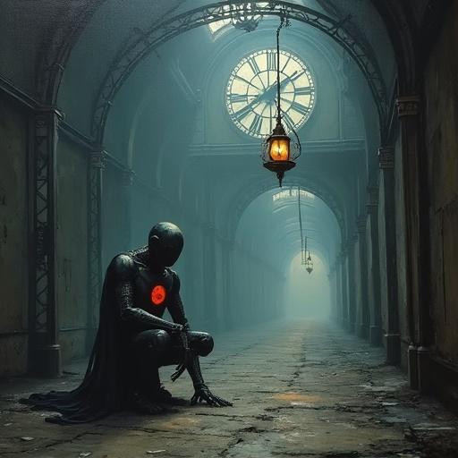 A haunting oil painting of a gothic train station filled with mist. A towering robotic figure is crouching among iron beams. The only light is a faint crimson glow from its chest. The ground has shattered glass from a broken clock. A solitary broken lantern swings, casting shadows. The mood is one of decay and foreboding.