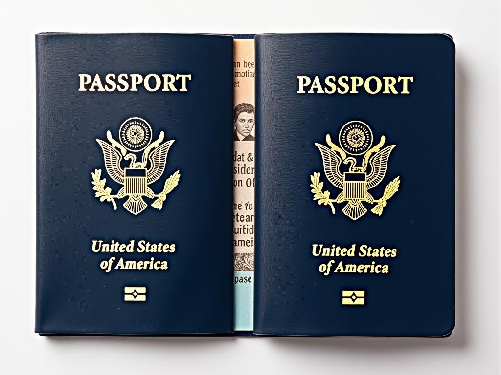 The image showcases the front cover of a United States passport, featuring the emblem of the country prominently displayed. The background is neutral, allowing the passport's deep blue cover and golden lettering to stand out. The words 'United States of America' are elegantly embossed at the bottom. Inside, just barely visible, is a section with personal details, typical of an international passport. Overall, the passport symbolizes national identity and travel capability.