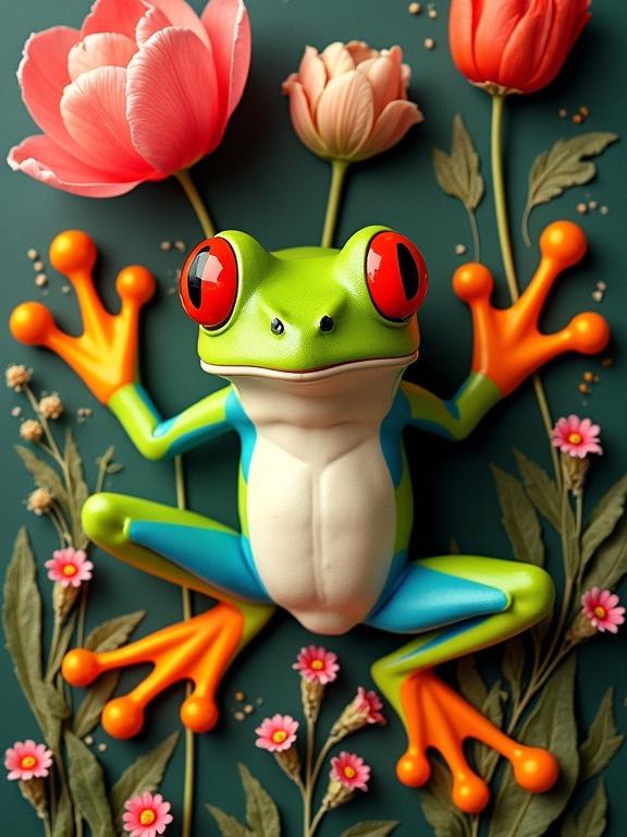 Stylized frog with bright coloration surrounded by detailed flowers. Frog showcases vibrant greens and reds with large eyes. Background includes soft botanical elements with warm colors creating a fantasy-like scene.