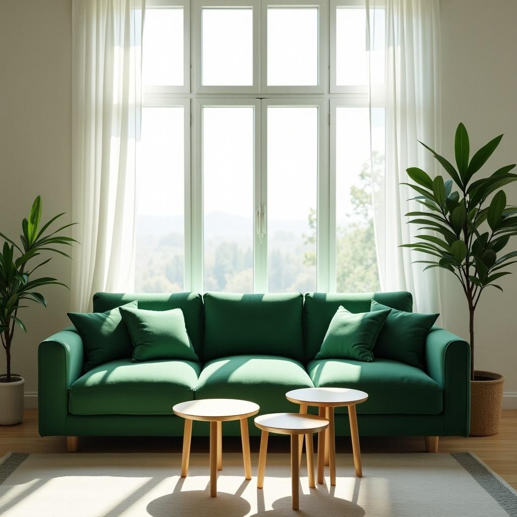 Modern green sofa in a bright living space. Plush cushions on the sofa. Sunlight pours through large window. Minimalist aesthetic with small tables. Tall plant complements decor.