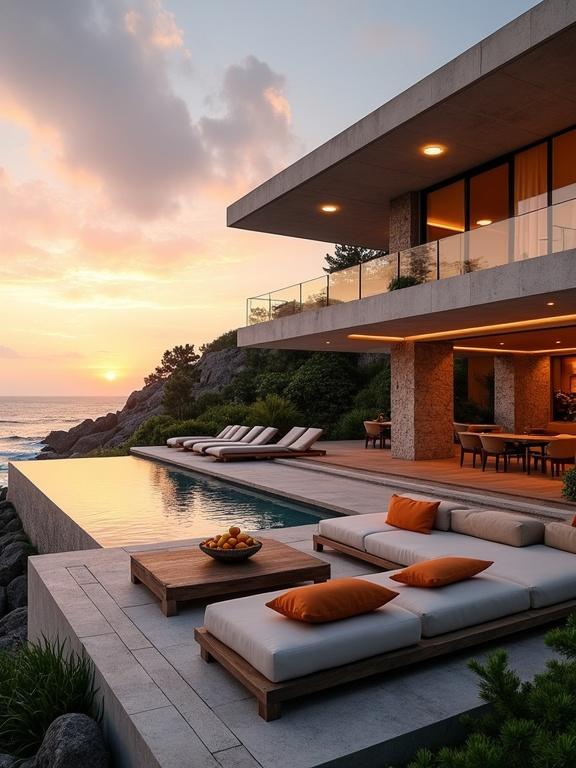 The image shows a luxurious modern house with an outdoor living area by the ocean at sunset. The house features a sleek rectangular design, flat roof, and large glass windows. Exterior walls of smooth concrete and natural stone pillars. A spacious wooden deck overlooks the sea. The infinity pool blends with the ocean, reflecting sunset hues. Cushioned lounge chairs with orange and beige pillows, low wooden table with fruit. Deck lined with green plants. Background shows a sunset sky in orange, pink, and blue over calm waves and rocky shoreline.