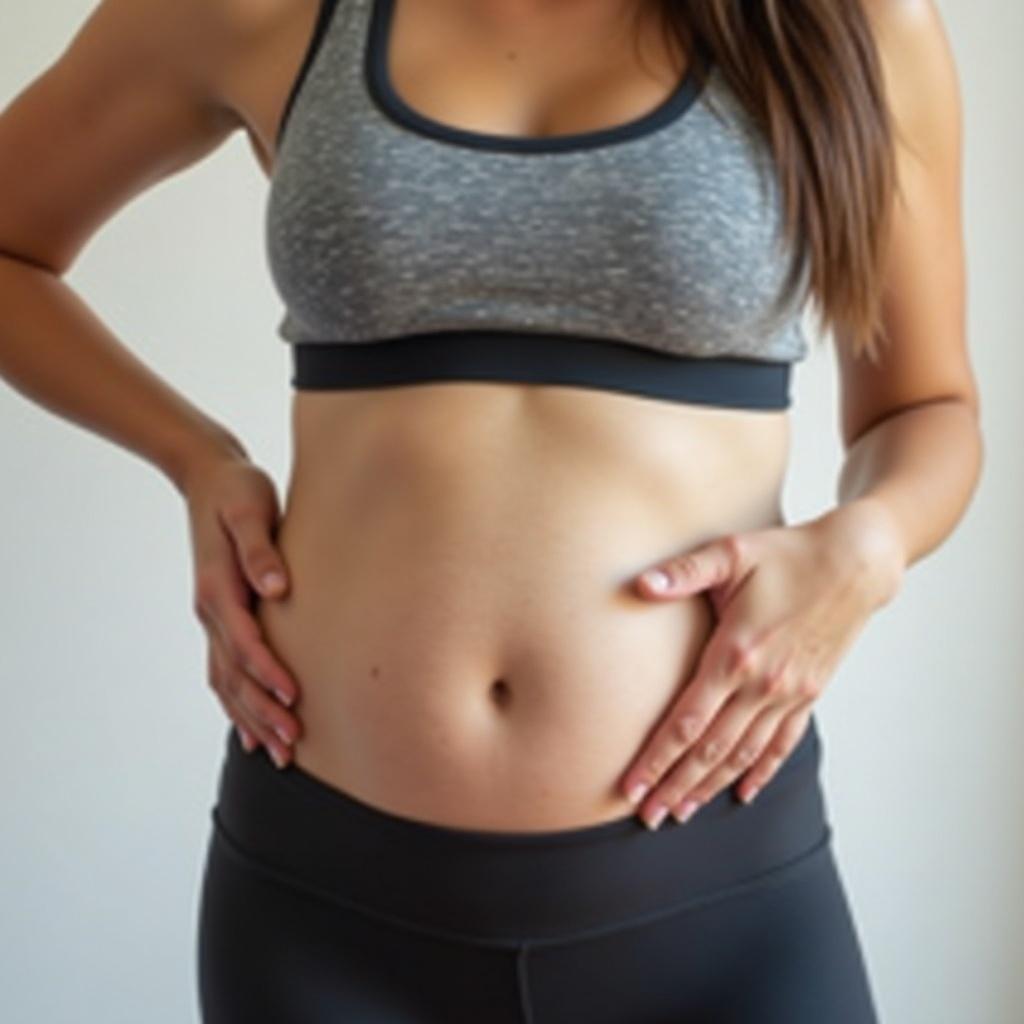 A woman in athletic sportswear is showing her belly. She has her hands gently placed on her abdomen. The sports bra is gray, and the leggings are black. The posture suggests a casual and relaxed demeanor. The image emphasizes body positivity and self-acceptance, showcasing a natural figure.