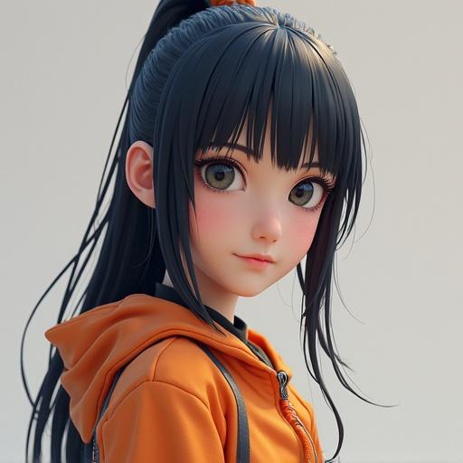 3D character representation of a female with black hair and a ponytail wearing an orange jacket. Large eyes and friendly expression showcasing intricate features.