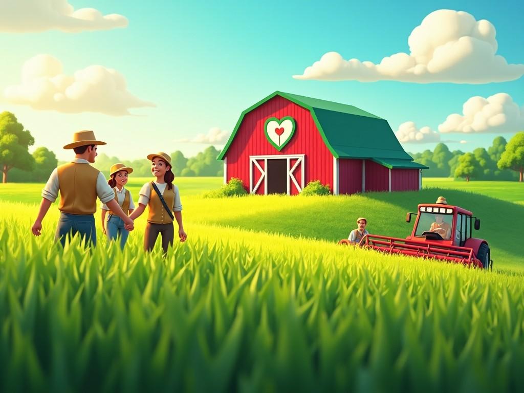 an idyllic farm scene with a family and barn