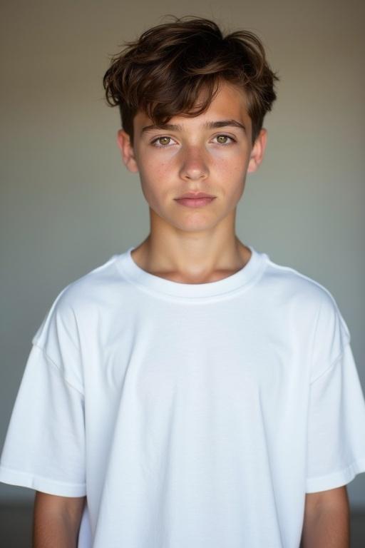 Portrait of a young European male. Deep-set brown eyes. Smoldering expression. Disheveled short brown hair. White baggy T-shirt. Softly blurred background. Upper body focus.