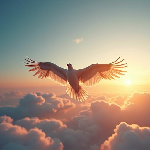 A dove soaring through a colorful sky filled with clouds during sunset. The dove has its wings widely spread. Soft light enhances the scene's beauty.