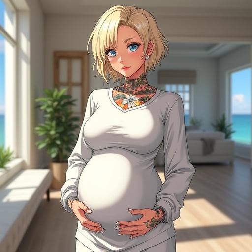 Anime artwork of a 52-year-old woman. She has frosted blue eyes and short light blonde hair. Relaxed posture while pregnant. Dressed in a maternity sweatshirt and sweatpants. Showcases colorful and traditional Japanese tattoos. Set in a modern nursery with twin cribs. Light pink lipstick and white eyeshadow accentuate her features. It is a bright summer morning in Miami.