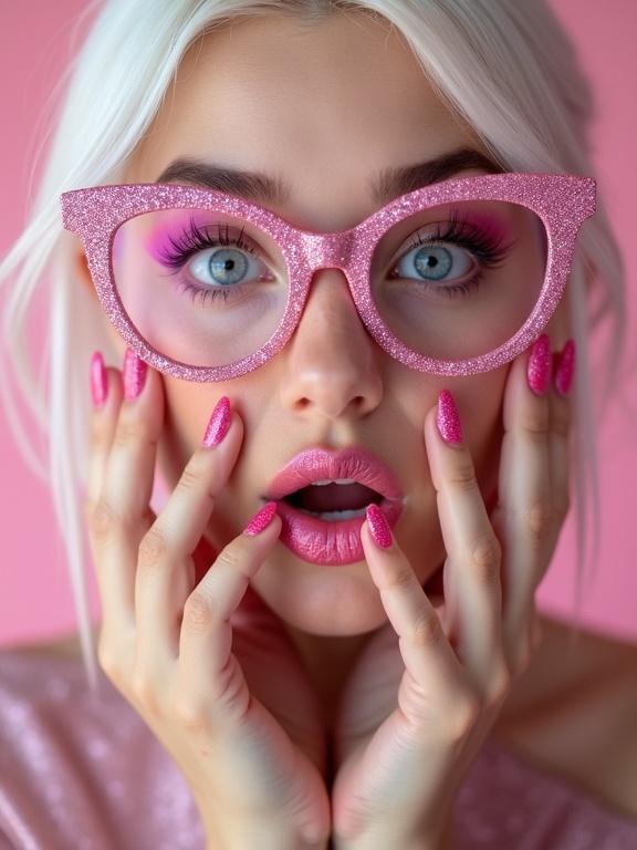 A young woman with platinum blonde hair and blue eyes poses front-facing. She has a surprised playful expression. Oversized pink glasses covered in glitter frame her face. Nails feature matching pink glitter polish. The portrait shows immaculate skin texture and bold makeup. A soft blurred bokeh background enhances the focus on her features. Professional lighting highlights the reflective qualities of the glitter elements.