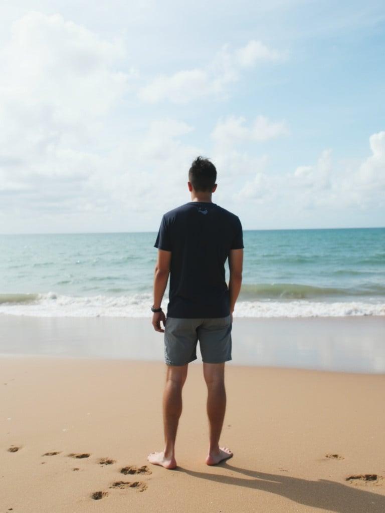 A man stands on a sandy beach facing the ocean. The ocean waves gently lap against the shore. The sky is blue with a few clouds. The man wears a dark shirt and shorts. He gazes into the distance. His feet are bare on the warm sand.