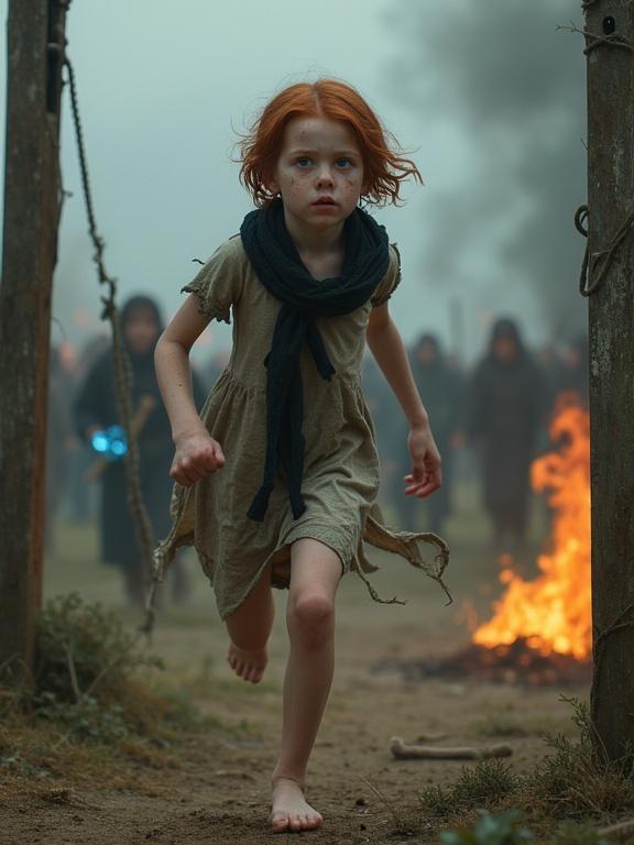 A photorealistic image of a teenage girl with short auburn hair running. She has a frightened expression and is barefoot in a torn dress. Ropes hang limply from her wrists. A small black scarf is around her neck. She is escaping from a burning gallows platform. Blue flames are emanating from her hands. Rioters with torches chase her from behind. The scene has a fantasy aesthetic with depth of field.