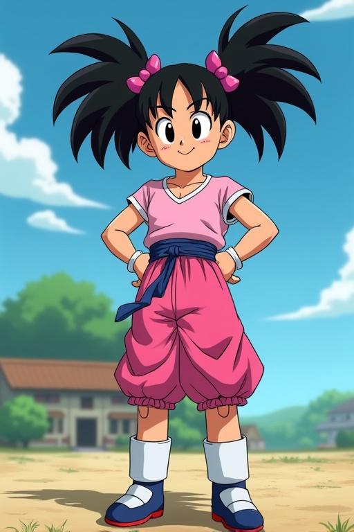 Image of Chi-Chi from Dragon Ball spinning in athletic pose. Character shows determination and strength. Background features a rural setting. Chi-Chi wears a pink outfit with blue sash and white boots. Hair is styled in two pigtails with pink bows.