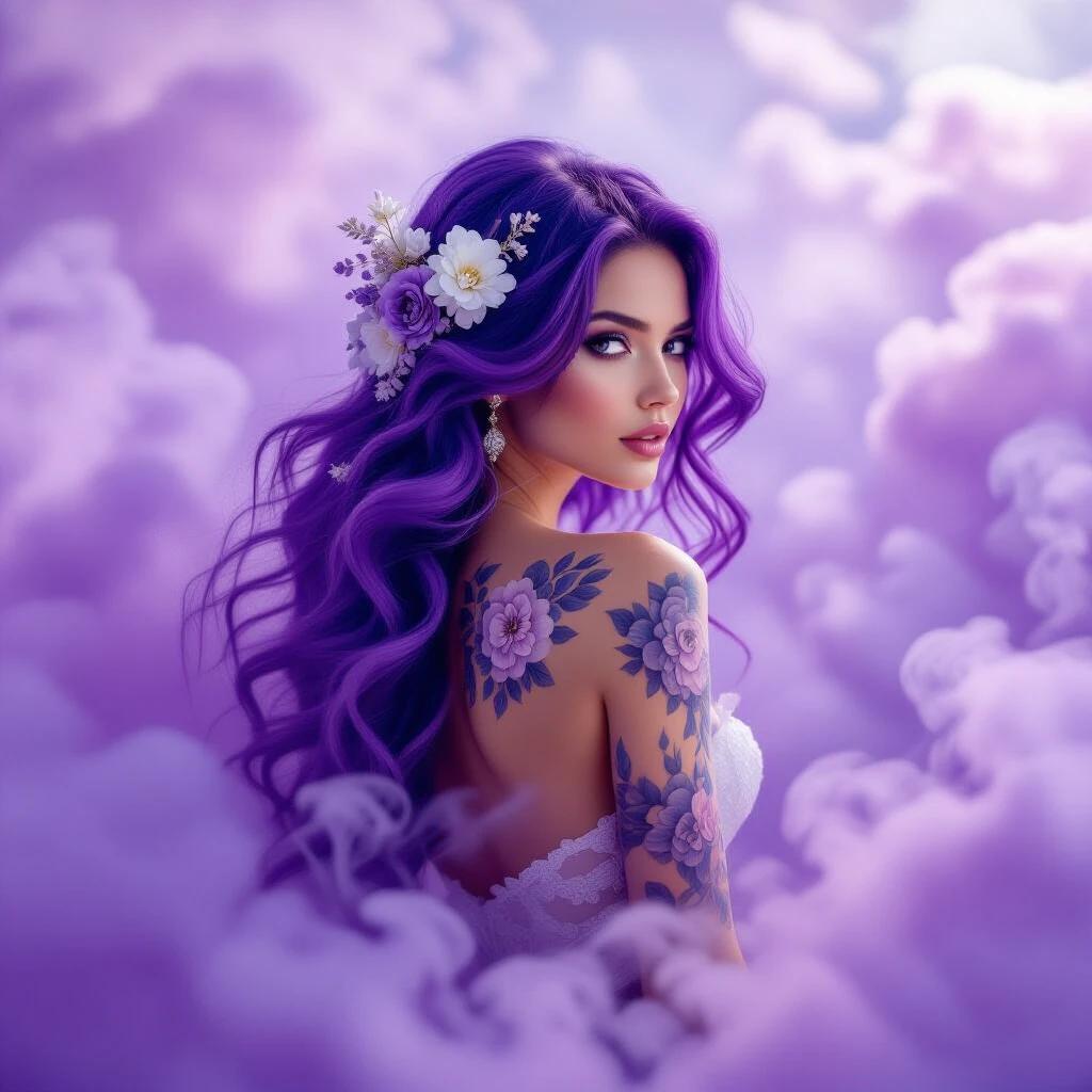 A woman stands in soft purple smoke. Hair is purple and voluminous. Flowers are white and lavender in her hair. Tattoos of flowers on her back. Pale skin contrasts with tattoos. The background is smoky and dreamlike. Lighting is soft and enhances allure. The woman glances over her shoulder mysteriously. Scene shows beauty and mysticism.