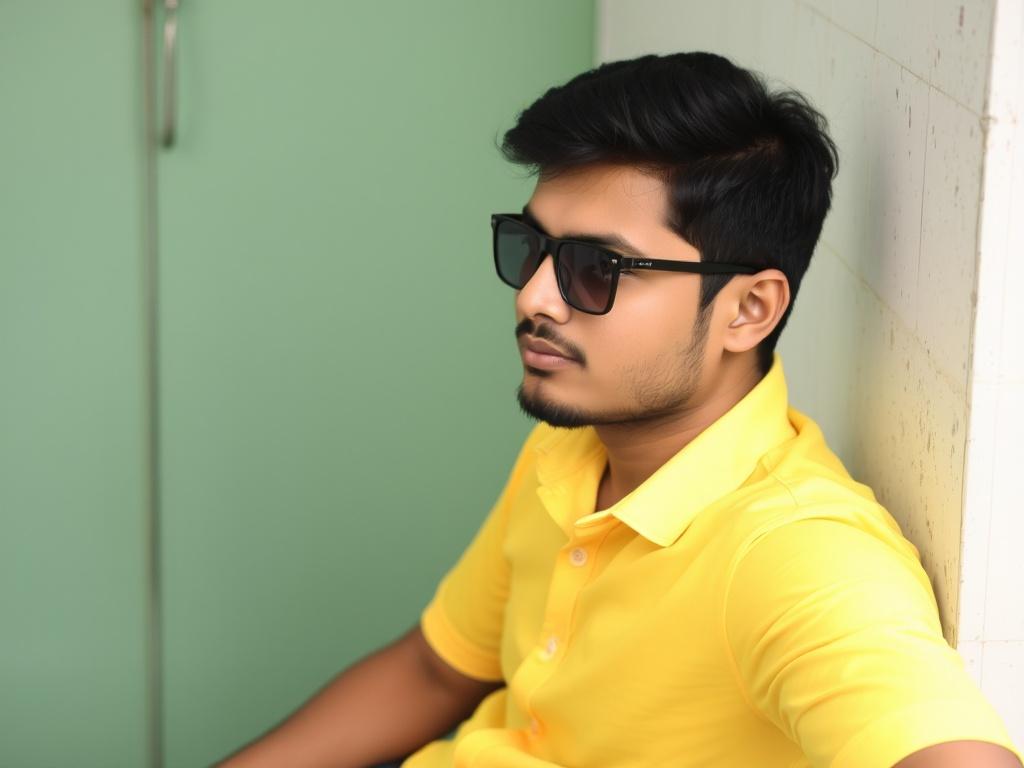 A man in a bright yellow shirt and sunglasses gazes thoughtfully into the distance.