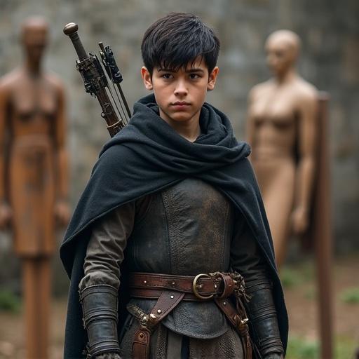 Teenage boy around 15 years old stands in a medieval training ground. Calm expression with warrior's resolve. Worn wooden dummies and stone structures in the background. Medium-length tousled black hair with subtle red highlights. Athletic and muscular physique. Lean muscle definition and toned arms. Soft jawline with sharp vigilant eyes. Wears lightweight scout armor and dark leather jerkin over a linen shirt. Flexible leather bracers and tactical gloves. Durable leather boots. Dark hooded cloak over shoulders. Equipped with a utility belt, sheathed short sword, and compact bow. Slightly worn clothing. Confident stance with subtle sweat and dust on skin and armor. Natural lighting creates a cinematic effect.