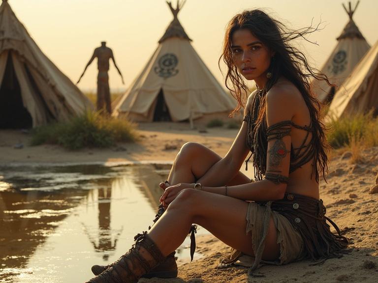 A young woman with wind-swept hair and serene expression sits by a cracked pool filled with murky water. She wears tribal-inspired leather, feather, and fabric clothing with light armor pieces. Surroundings include dilapidated structures and overgrown vines. Makeshift tents and wooden totems with tribal symbols are in the background. The sky is dusty and orange. The artwork is influenced by the styles of Simon Stalenhag, Noah Bradley, and Loish, conveying resilience and calmness.