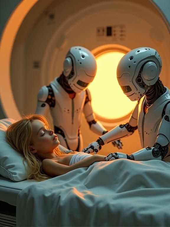 Pixar cartoon featuring a high-tech examination chamber lit by warm golden light. A young tribal girl with long blonde hair lies asleep on a med-bed without blankets. She wears a light grey nano-fabric loincloth with her hands behind her head. Two advanced androids analyze her shoulder wound using multi-limbed medical arms, surrounded by soft fog and floating data panels. The scene shows an emotional quiet moment with a cyberpunk aesthetic and hyperrealistic details.