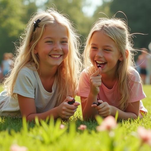 Photorealistic image of two young girls having fun in sunlight. They are enjoying nature in a grassy area. Casual clothing includes shorts and t-shirts. Scene shows laughter under trees with flowers.