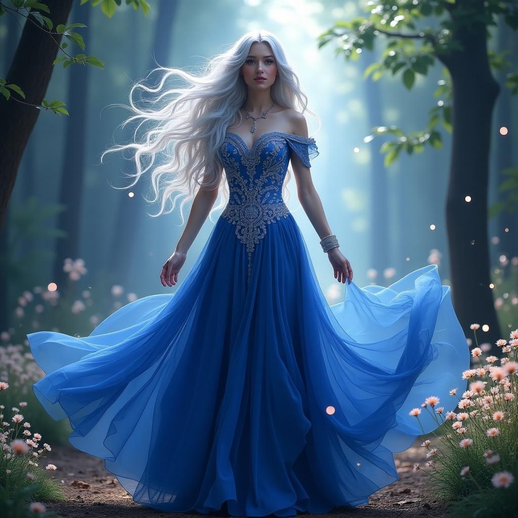 A woman in a beautiful blue gown dances in a forest. Blended colors of blue, white, and green create an ethereal scene. The dress flows gracefully, complemented by soft lighting.