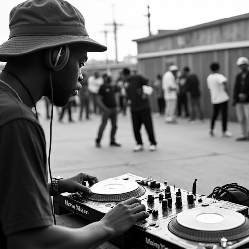 Black and white photograph shows DJ performing outdoors at community event. DJ wears headphones and bucket hat. DJ setup has two turntables and a central mixing board. Hands actively work equipment. Background has B-boys dancing and cheering. One dancer performing freeze move. Casual street setting on concrete with urban elements. Emphasizes raw energy and spirit of hip-hop culture. Shot in documentary style with natural lighting.