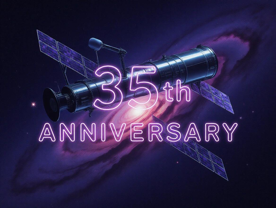 Hubble Space Telescope in a cosmic setting. Glowing text reading 35th anniversary. Futuristic purple neon font. Background filled with stars and space.
