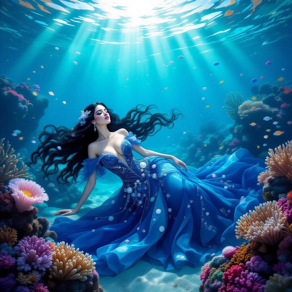 A breathtakingly beautiful sea witch lies in a deep underwater realm. She is surrounded by vibrant coral reefs and swaying sea anemones. Schools of small glowing fish swim nearby. Long dark hair flows gently with the ocean currents. The gown is deep blue and adorned with seashells and pearls. Her eyes are closed in peaceful sleep. Beams of sunlight penetrate the surface above. Surrounding water is crystal clear with shimmering reflections. The background features ancient stone ruins buried in sand and overgrown with coral.