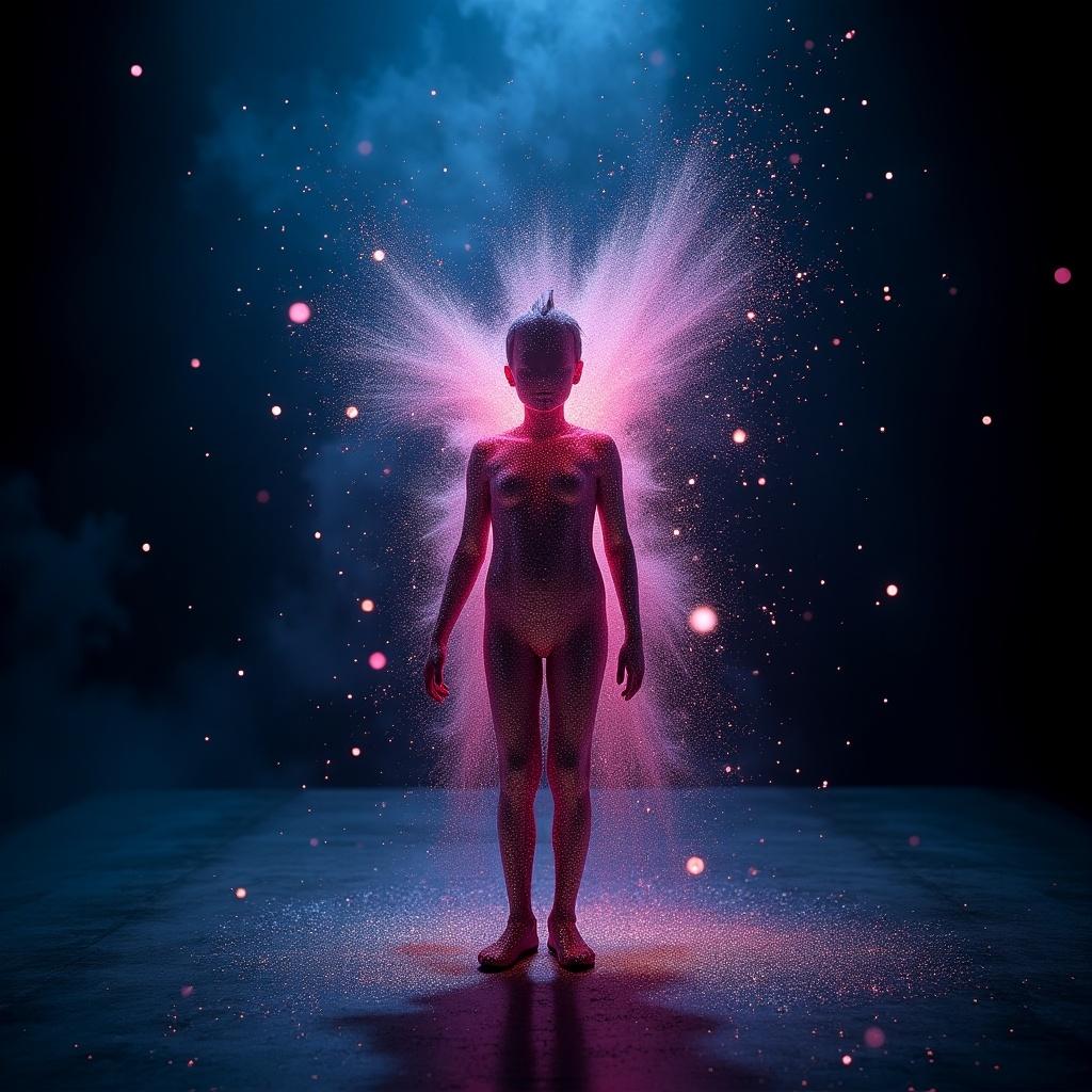 Striking picture of a figure in a glittering costume standing in darkness. Surreal image shows sparkling glitter exploding from body in glitch art style. Expressionistic experimental art. Close up. Medium shot. Dark blues and purples with flashes of bright pink. 8k resolution, vivid and abstract.