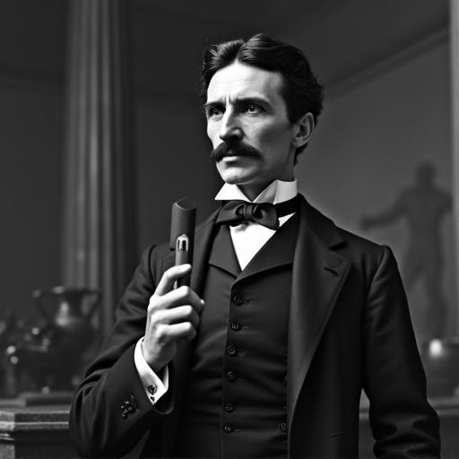 Nikola Tesla portrayed as a news speaker from a front view perspective. He looks like he is speaking, gesturing with a device in hand, dressed formally.