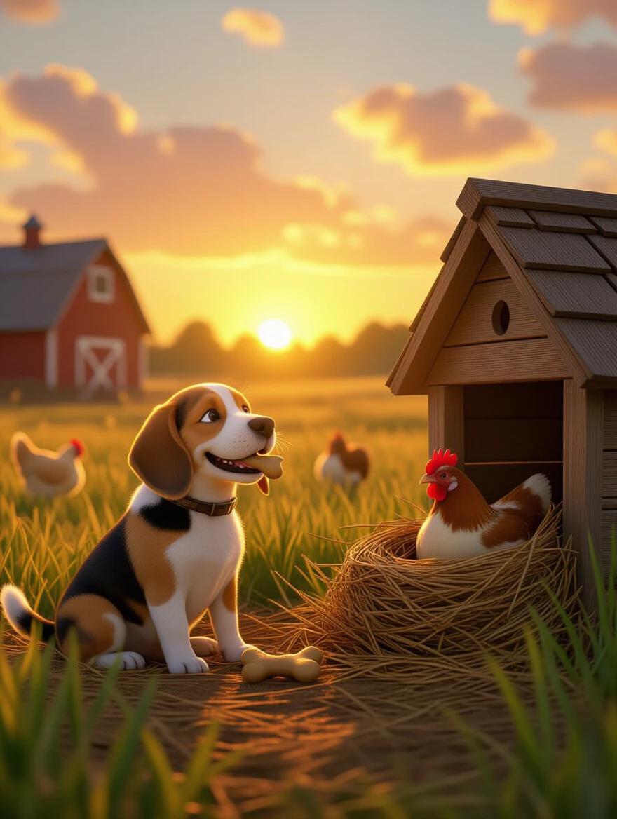 Final wide shot of the entire farm at sunset. Beagle chews a treat joyfully while chicken nestles in her coop. Peaceful farm animals in background. Soft golden Pixar-style sunset light. Cinematic framing and 4K resolution.