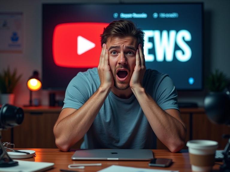 A young man expresses shock and frustration while holding his head. He sits at a cluttered desk with a broken camera. Poor lighting setup is evident. Behind him is a big screen showing '0 VIEWS'. The YouTube logo has a bold red ❌ over it. Arrows point to mistakes like bad thumbnail, bad mic, and no lighting. High-resolution. Ultra-bright colors with extreme contrast. Wide-angle shot features dramatic shadows and glowing outlines.