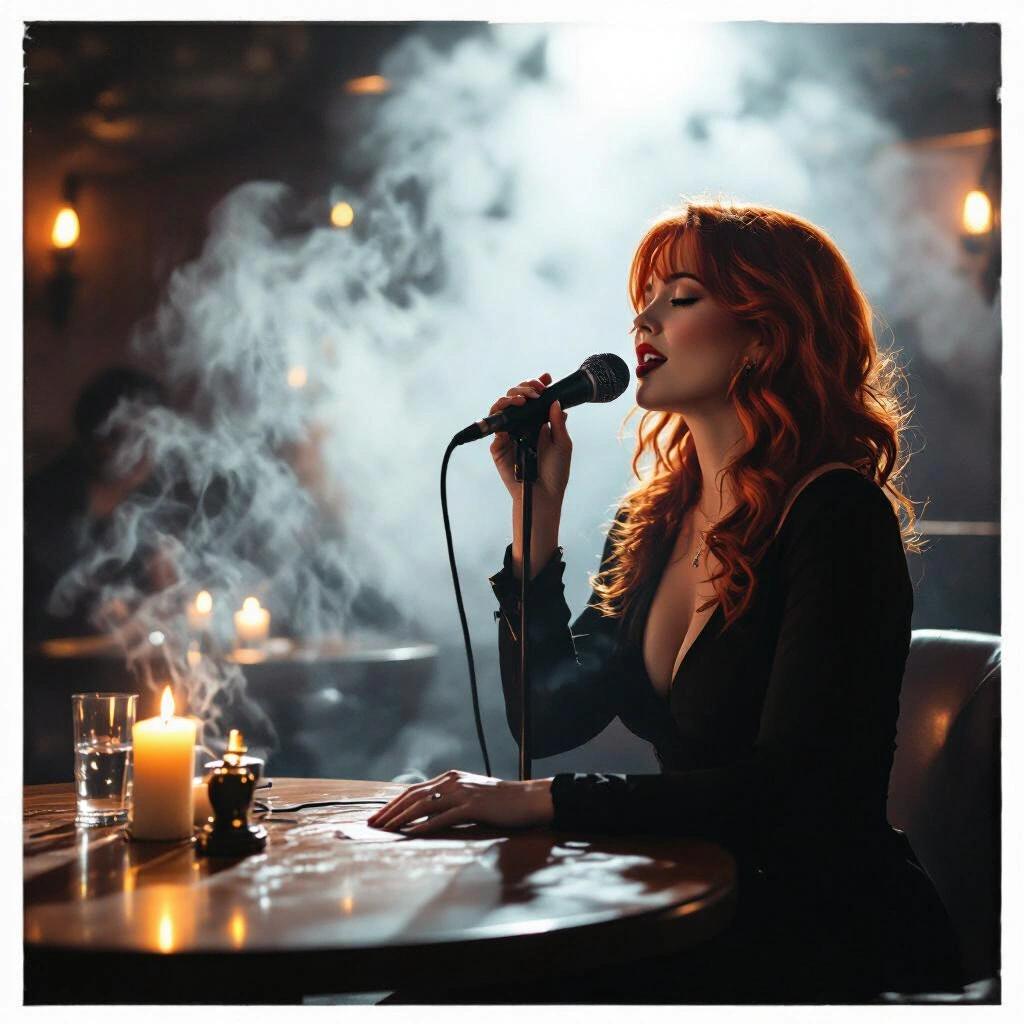 Dark lounge with thick smoke and low lighting. Irish woman with red hair singing into a microphone. Her silhouette illuminated by flickering candles on nearby tables.